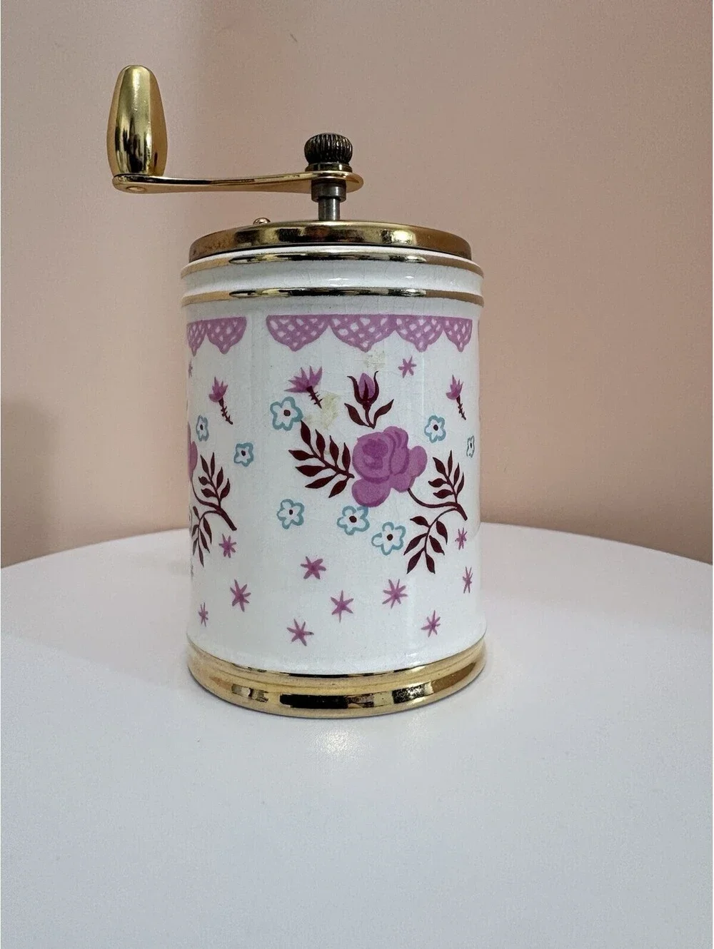 Vintage George S Thompson Ceramic Pepper Grinder Mill Pink Floral Gold Trim